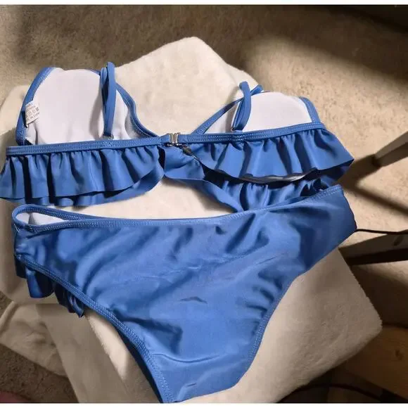 Bikini Bundle (2 Sets) CUPSHE Teal Striped Bikini & Unknown Blue Ruffle - Small - Picture 8 of 10